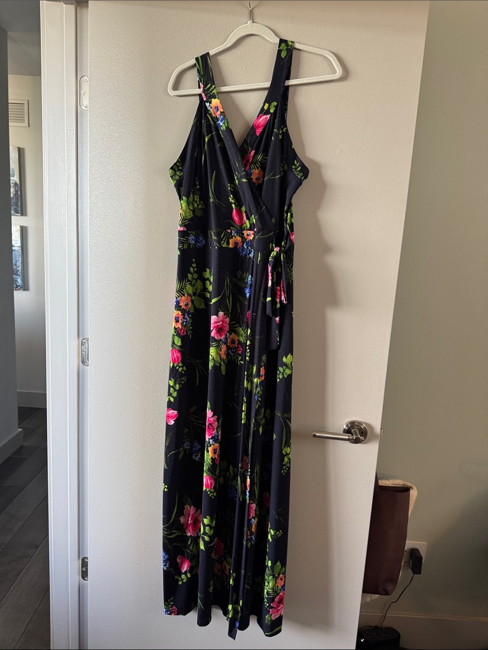 Navy Floral Faux Wrap Maxi Dress with Pink & Green Accents